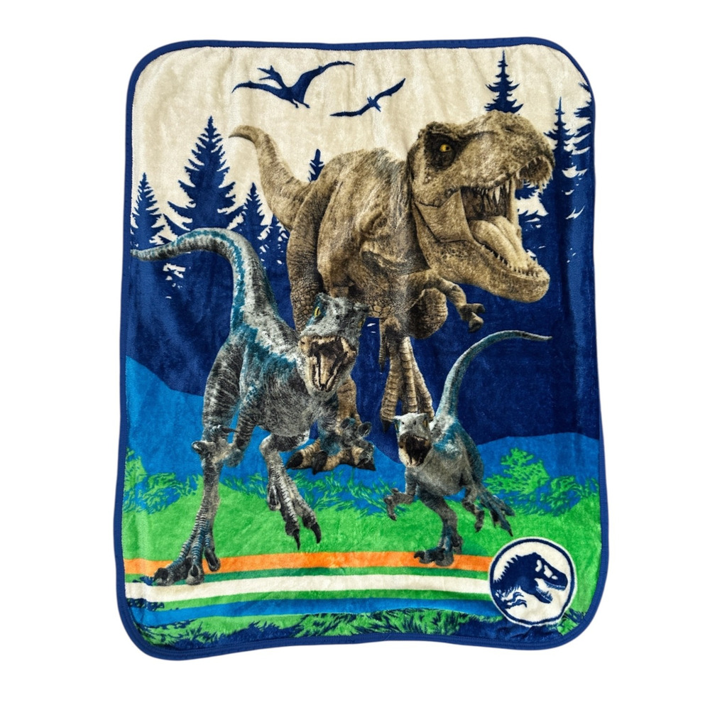 Jurrasic World Park T Rex Velociraptor Kids Blanket Throw Green Blue Soft Plush